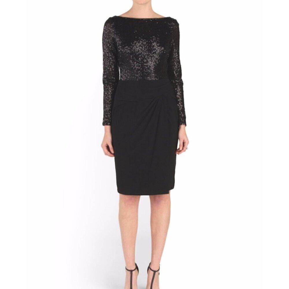 Lauren Ralph Lauren Evening Black Sequined Long Sleeve Cocktail Dress, Size 2